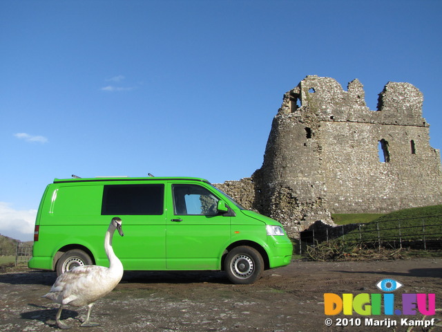 SX12368 Swan and our green VW T5 campervan at Ogmore Castle